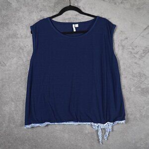 ELLE Sleeveless Blouse Womens XL Boxy Navy Striped Bow Contrast Hem Coastal